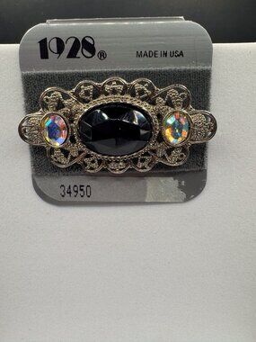 1928 Jewelry Black Faceted Stone Aurora Borealis Filigree Brooch Pin Made USA  B